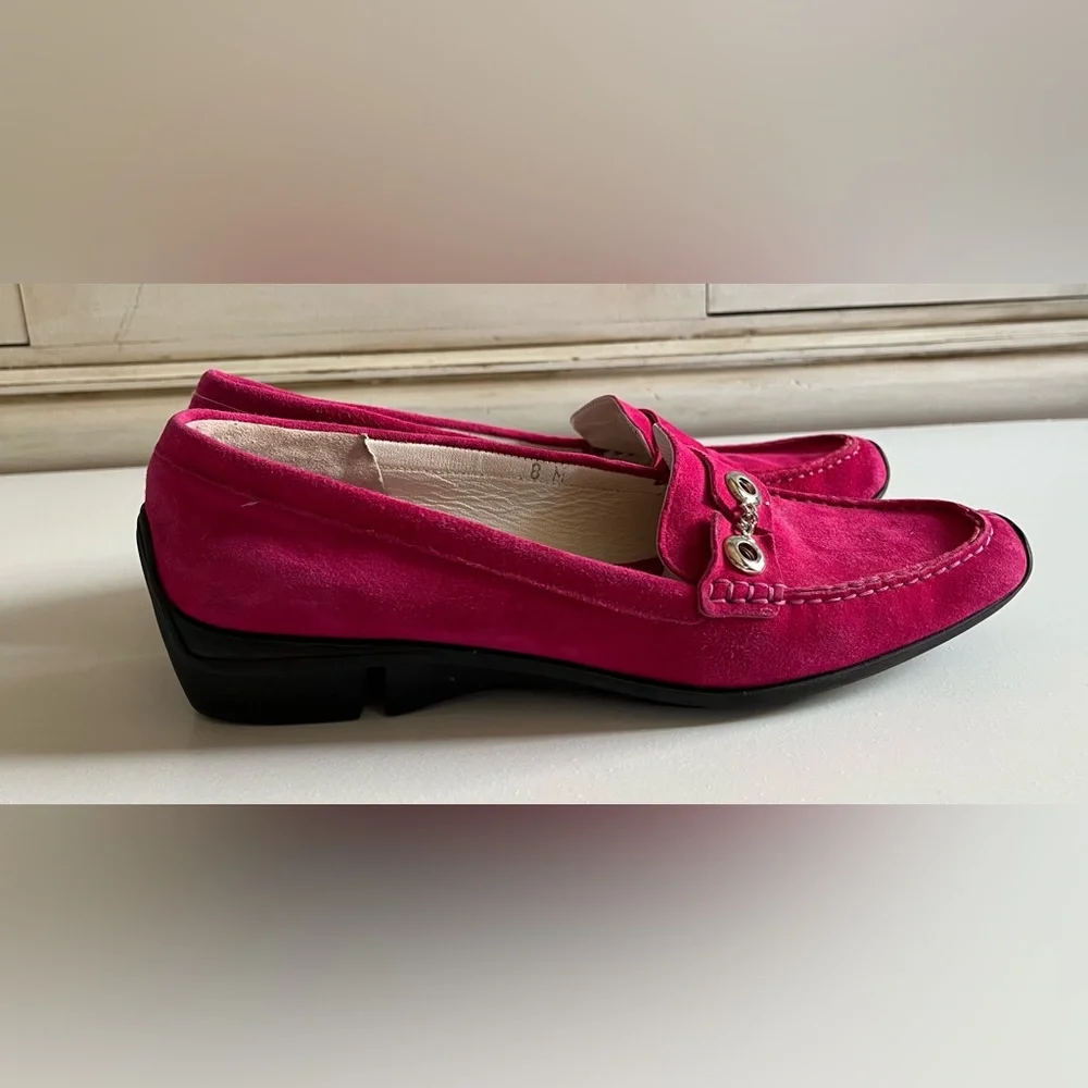 - Via Spiga pink suede slip on loafers w/soft soles-slight heel-size 8